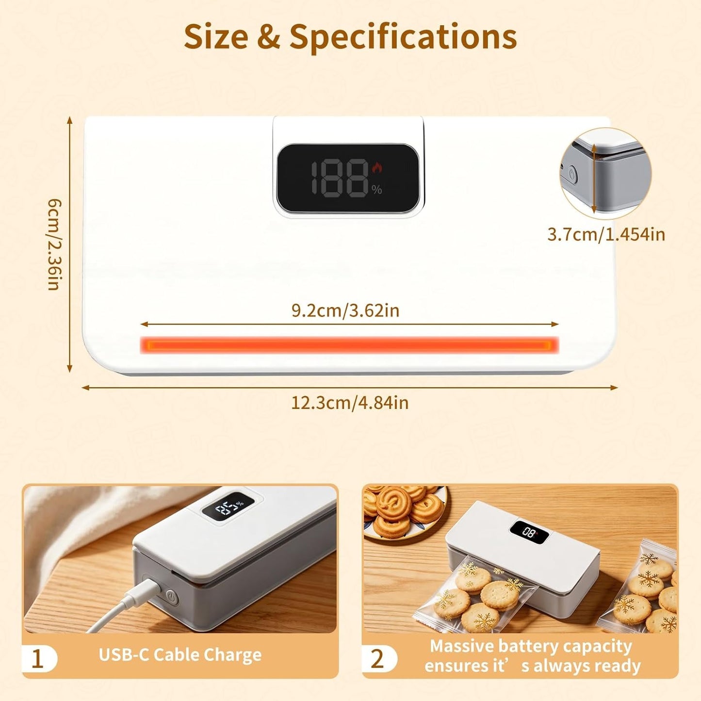 Mini Rechargeable Bag Sealer with LED Display, Cutter & 6 Heat Settings