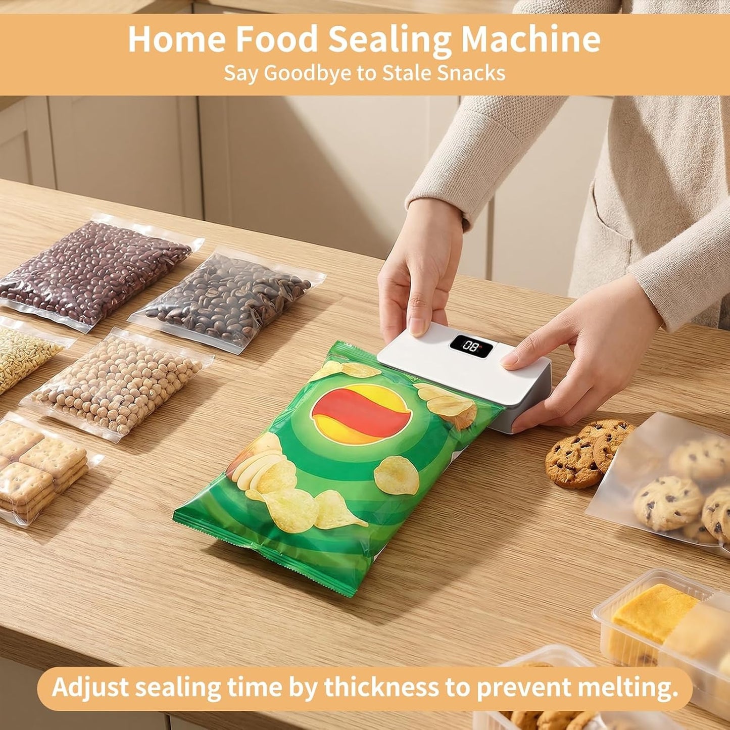 Mini Rechargeable Bag Sealer with LED Display, Cutter & 6 Heat Settings