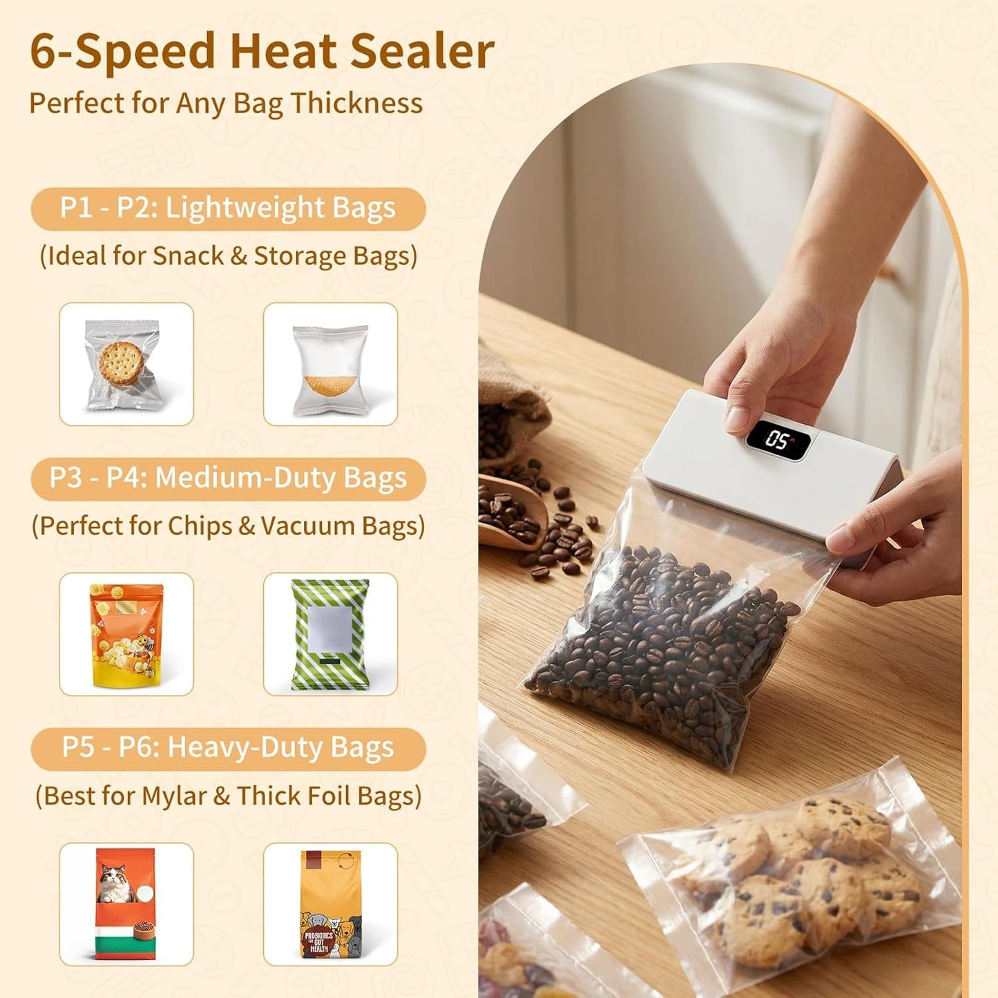 Mini Rechargeable Bag Sealer with LED Display, Cutter & 6 Heat Settings