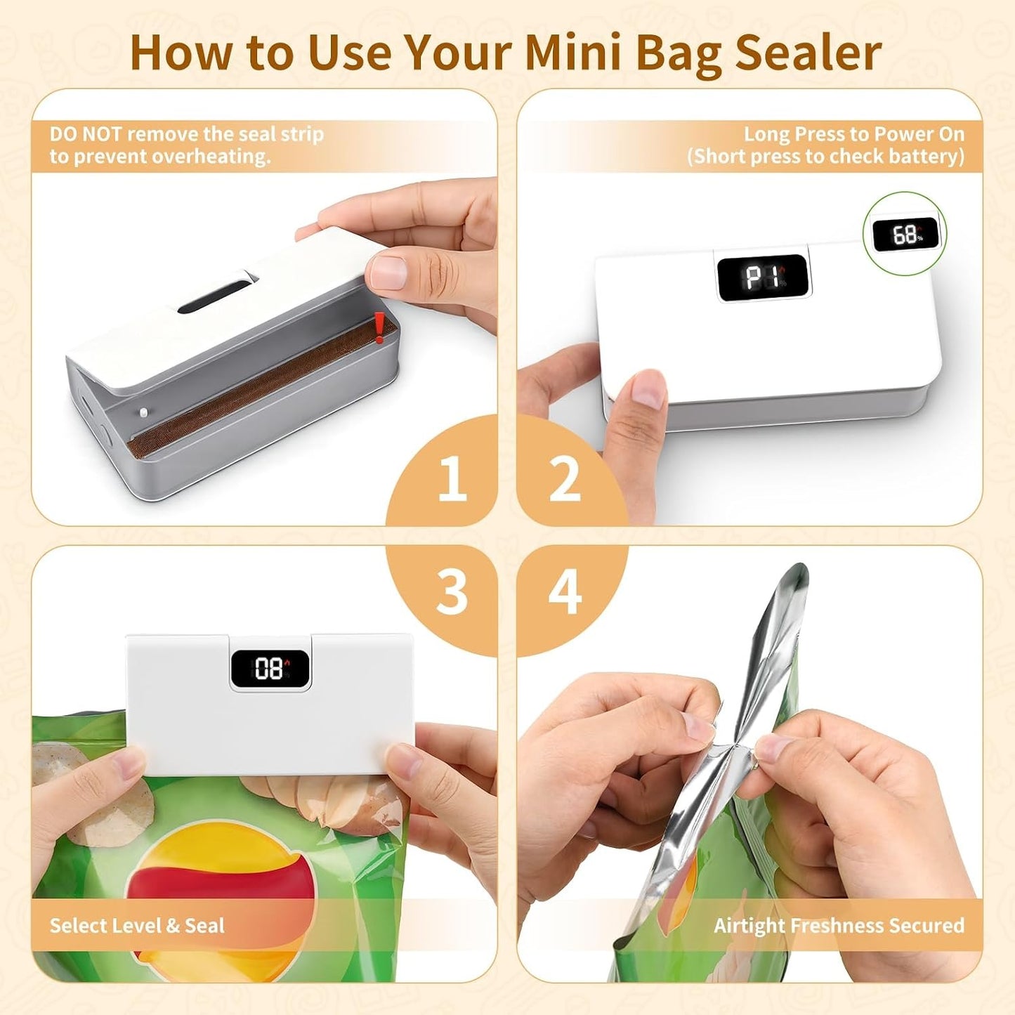 Mini Rechargeable Bag Sealer with LED Display, Cutter & 6 Heat Settings